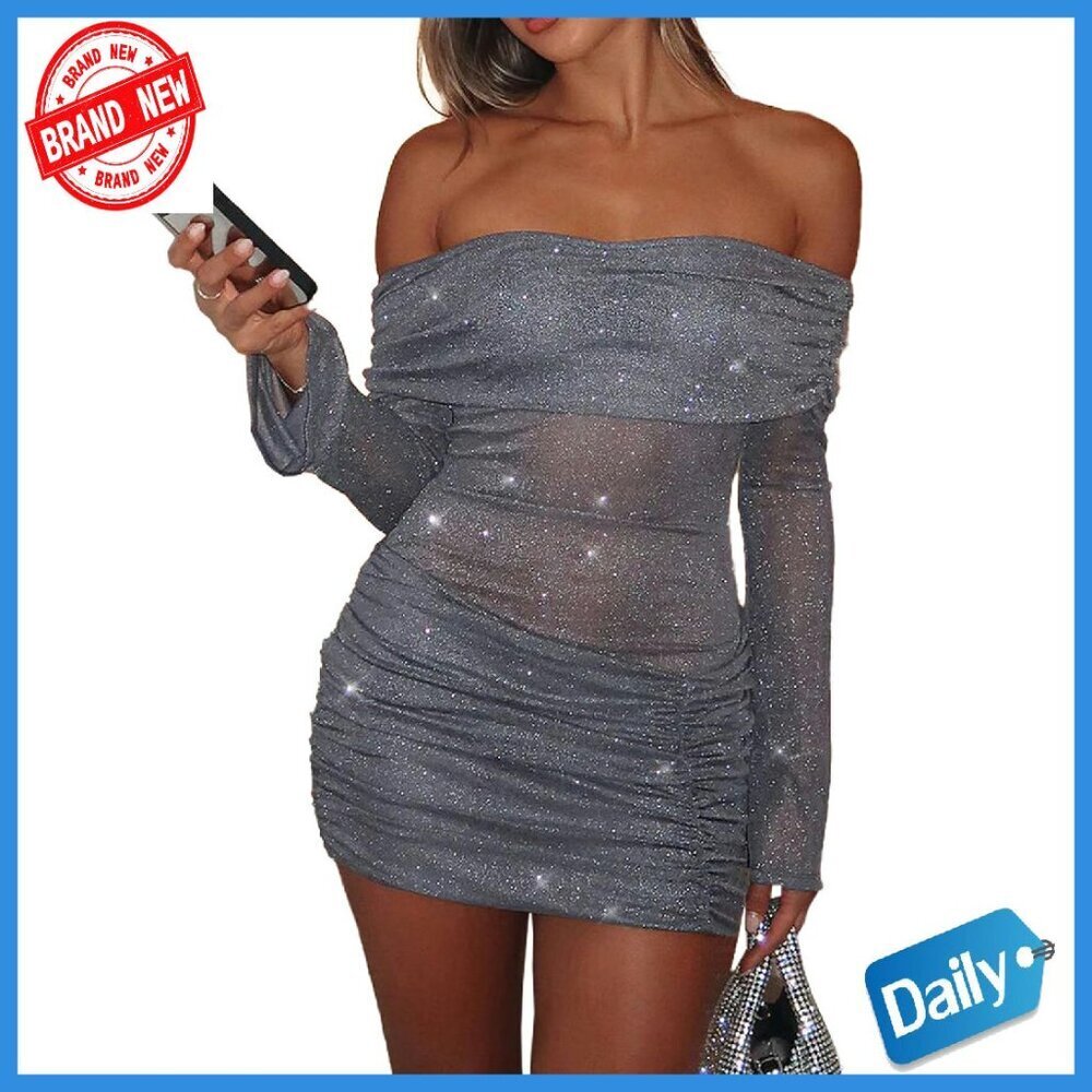 Off Shoulder Bodycon Mini Dress Mesh Sheer Ruched Sparkly Long Sleeve